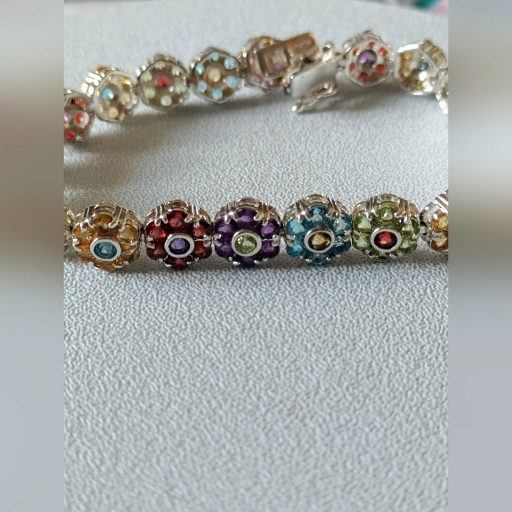 925 Sterling multigem flower bracelet -8"-fits 7 1/2+